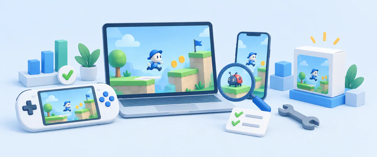 A game being tested, inspected, and prepared for release across devices