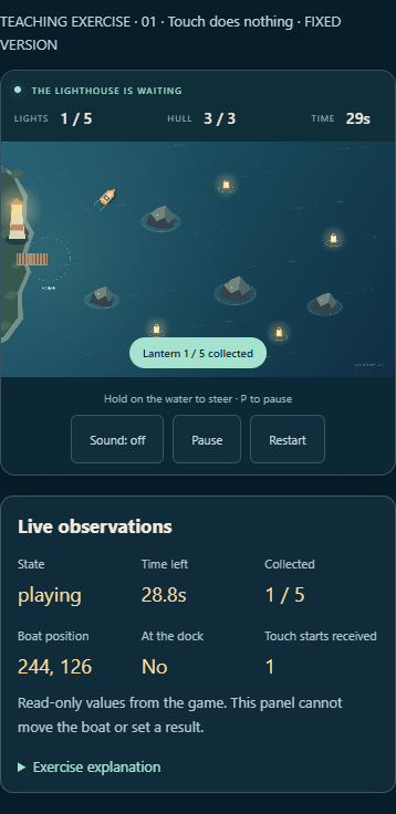 The fixed touch input moves the boat and collects one light