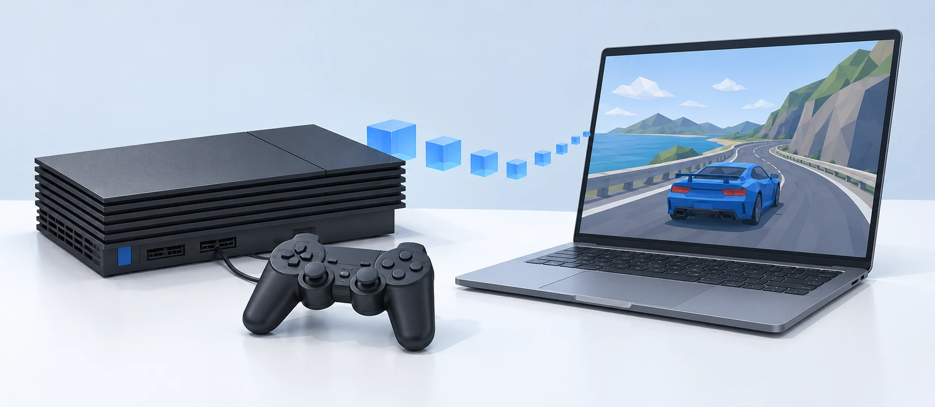 概念插画：PS2 时代的主机连接到显示原创低多边形赛车场景的笔记本电脑。