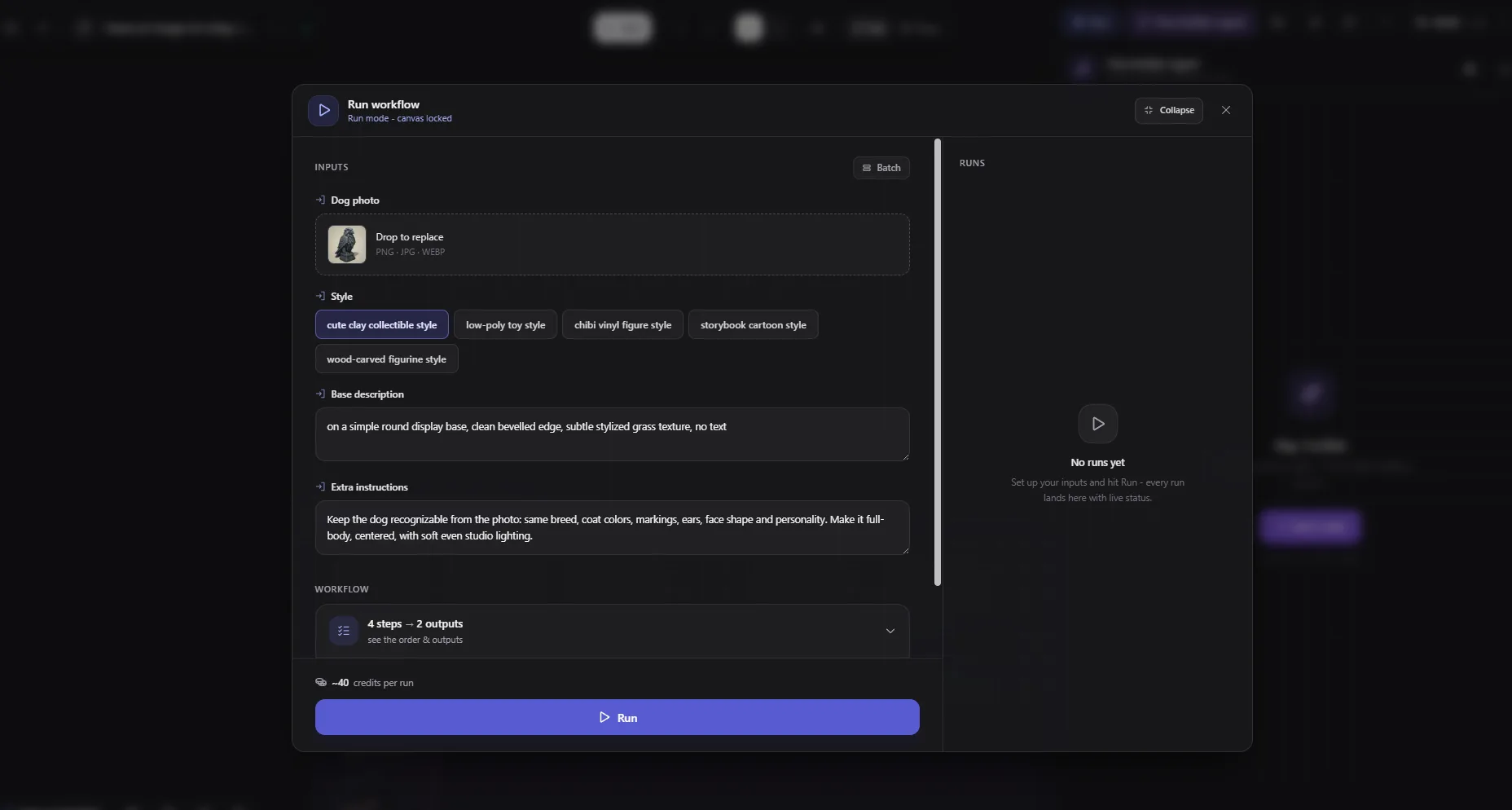 Flow run panel with an image input, named style choices, text fields and an estimated credit cost.