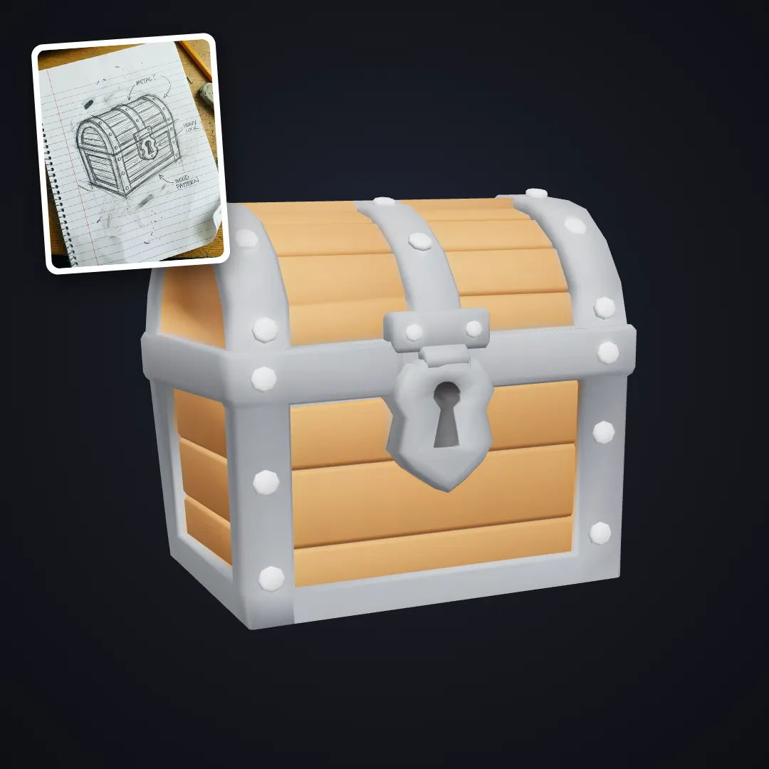Official Low-Poly Prop example: a wooden treasure chest with metal bands, with its input sketch inset.
