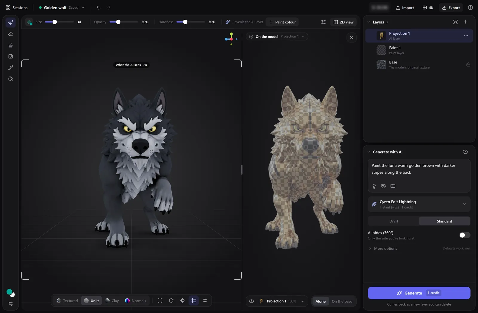 Texture Painter 展示灰狼模型、独立 AI 纹理预览与 Projection 1 图层,资料图使用 Qwen Edit Lightning。