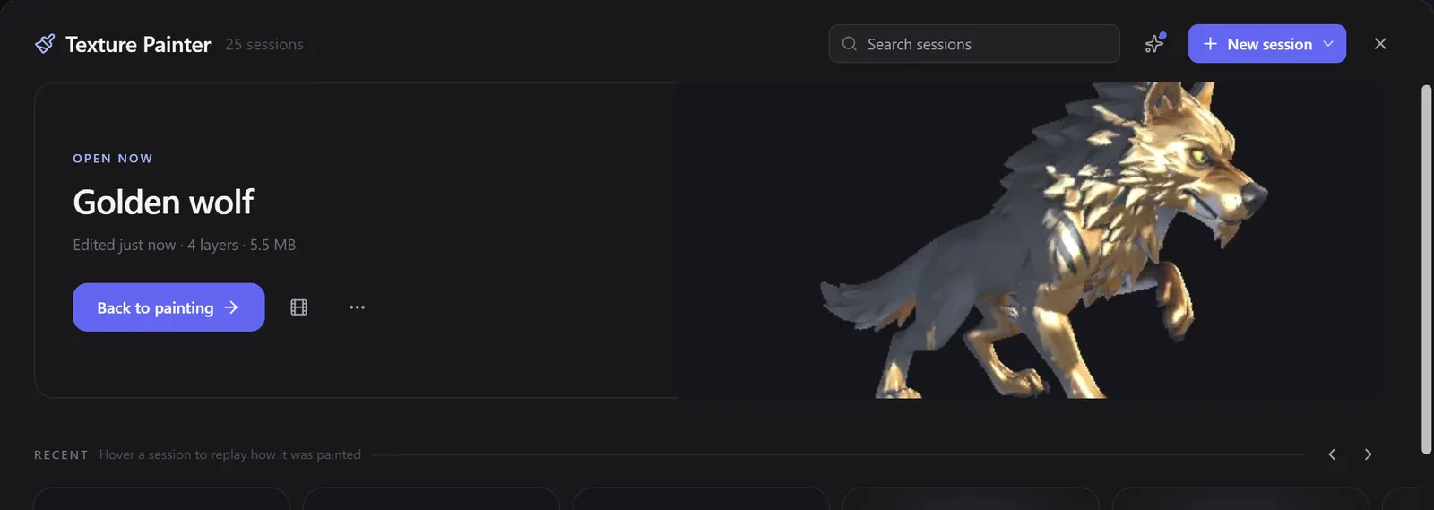 Texture Painter session screen with a Golden wolf model and a Back to painting button.