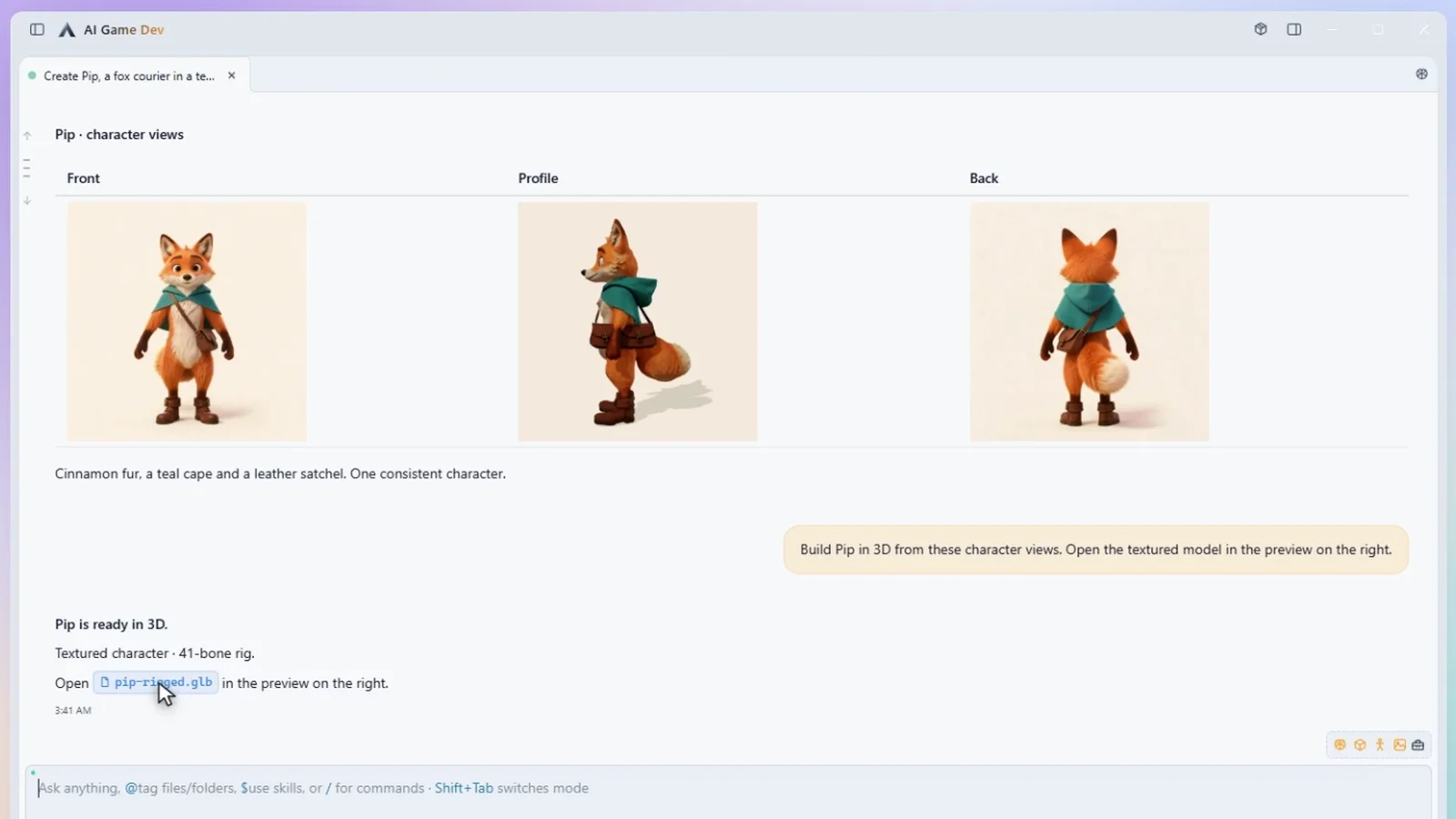 AI Game Developer's chat shows three views of Pip the fox and a link to a textured rigged GLB file.