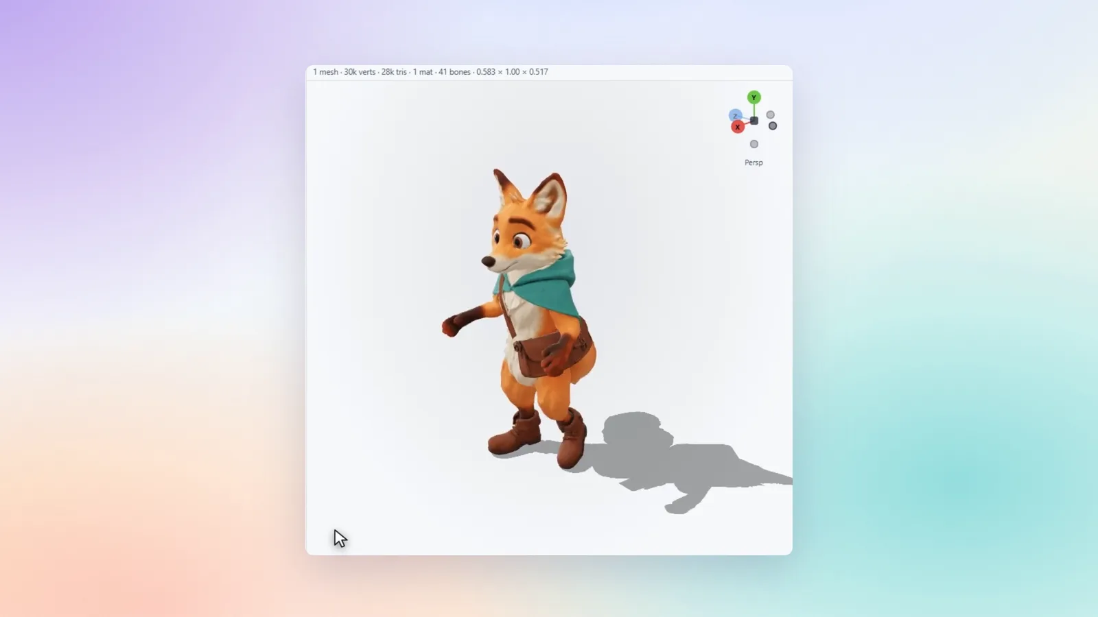 Pip the fox appears mid-stride in the app's 3D preview, with a ground shadow and a 41-bone count in the viewport.