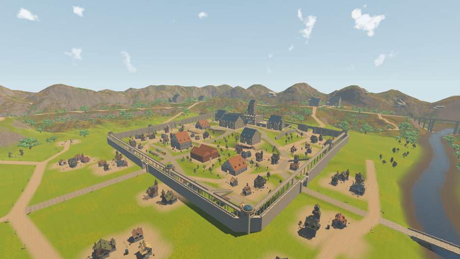 An aerial view of a low-poly playable world with a walled city, surrounding settlements, roads, hills and a river.