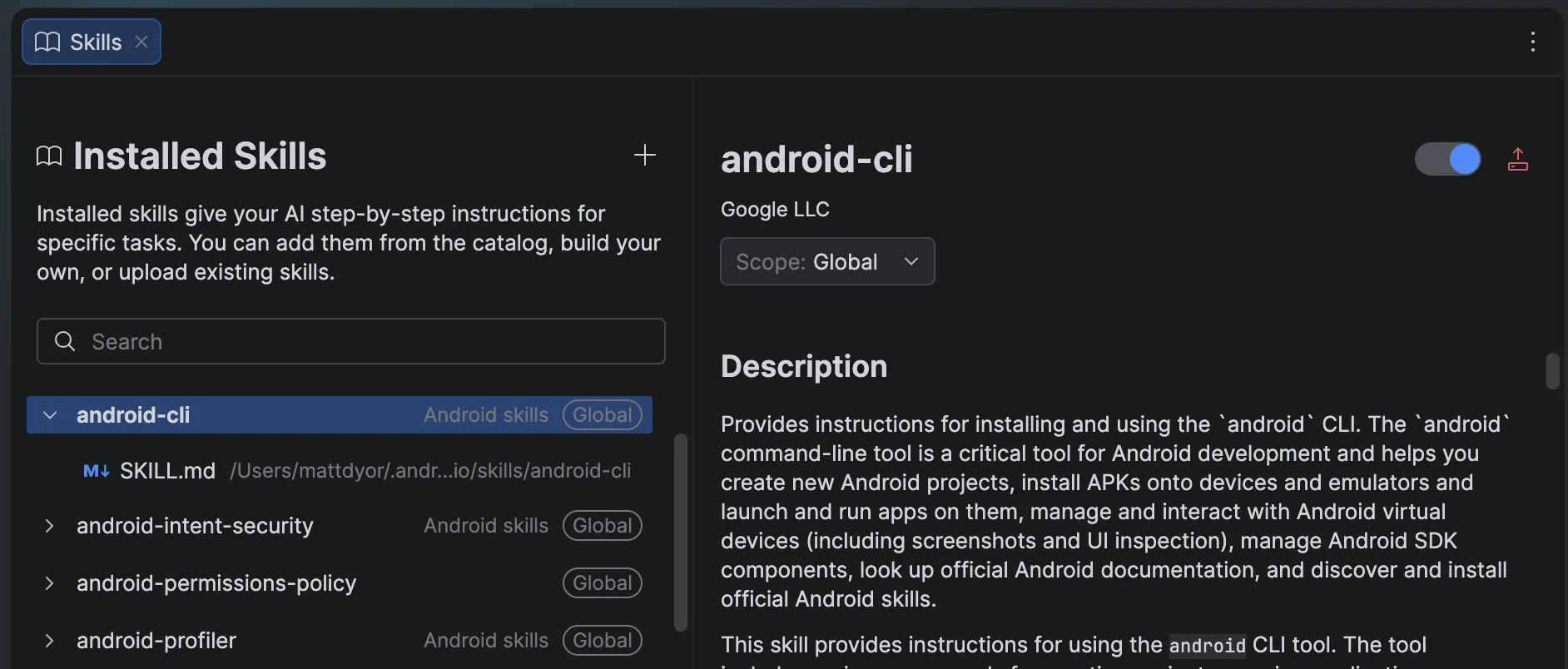 Android Studio 已安装技能管理界面，列出 android-cli、安全与性能分析技能。