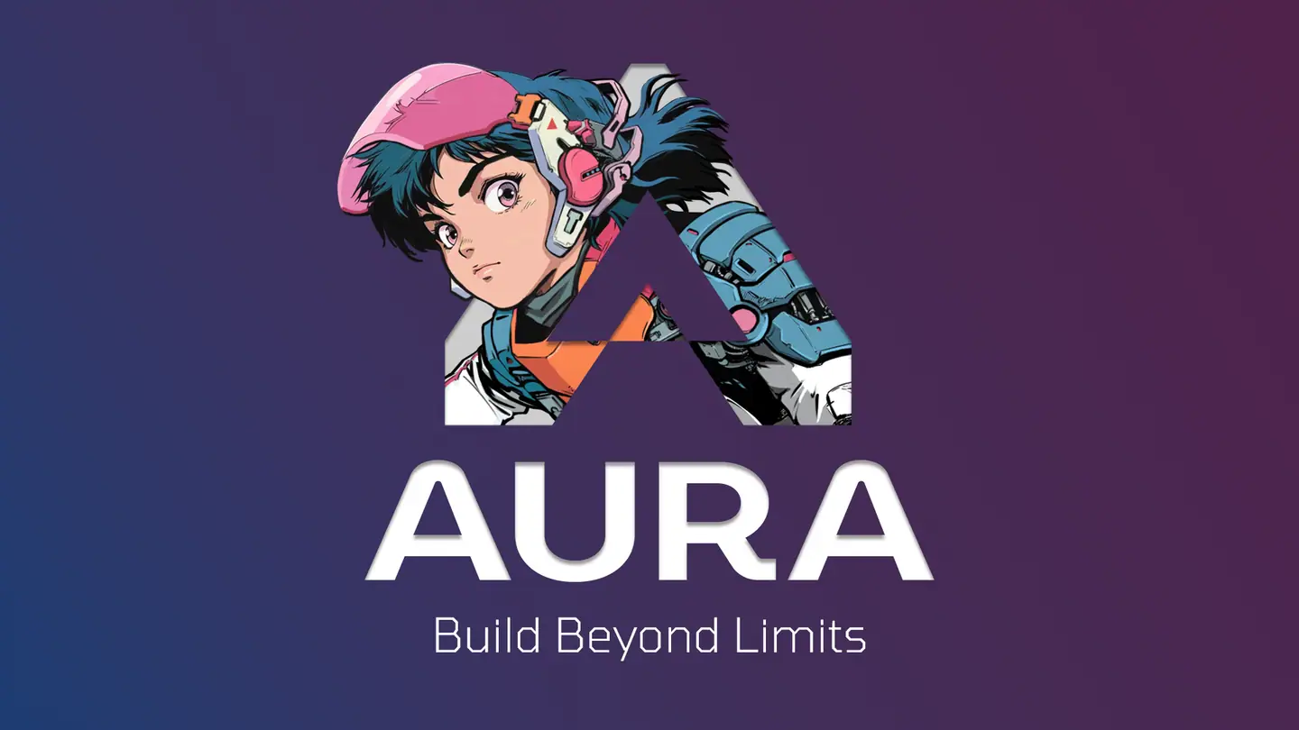 Purple Aura 1.0 launch artwork with an illustrated character inside the Aura mark and the words Build Beyond Limits.