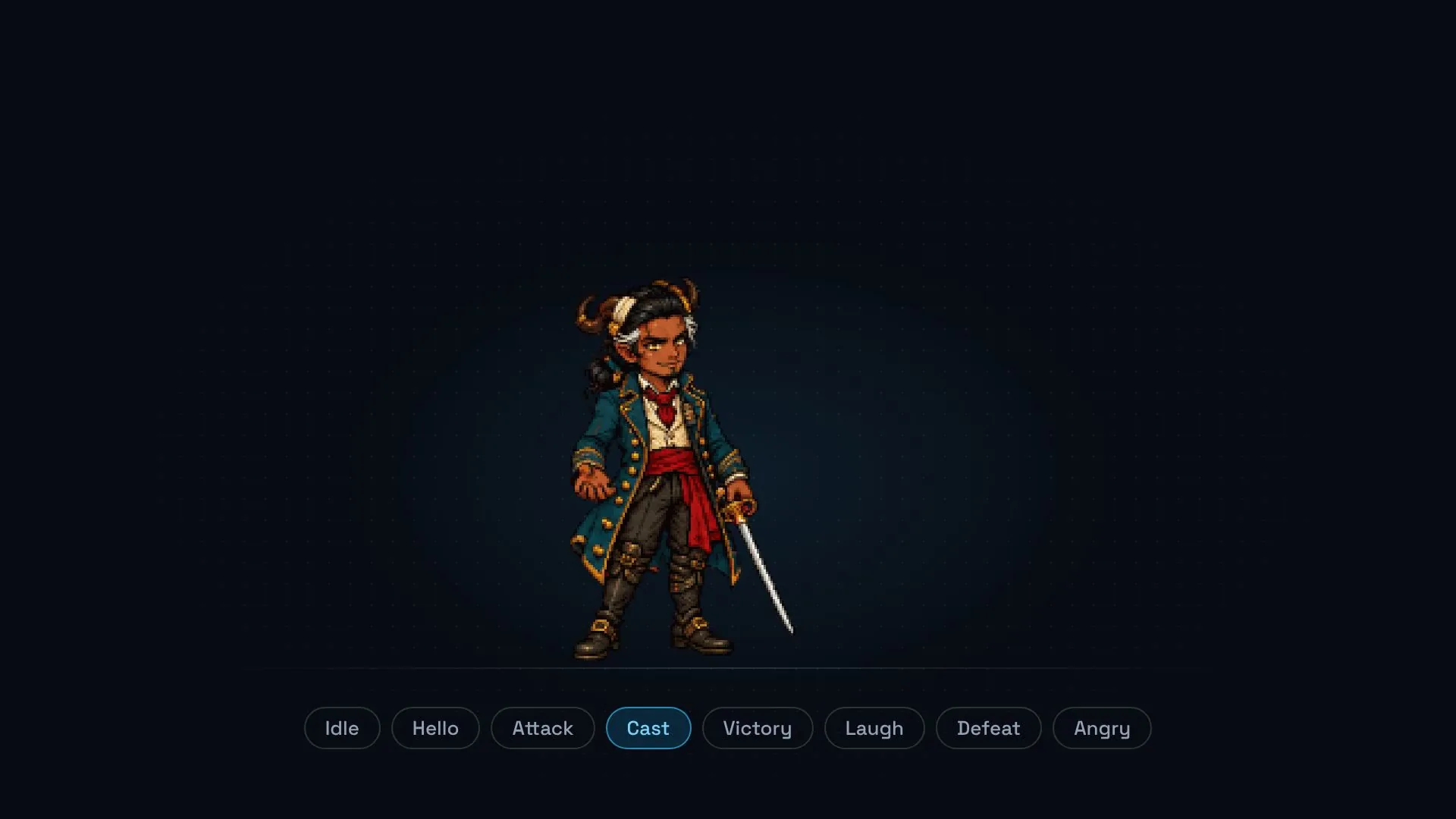 Captain Candor Vane as a pixel character in CharGen's official demo, with eight action buttons below.