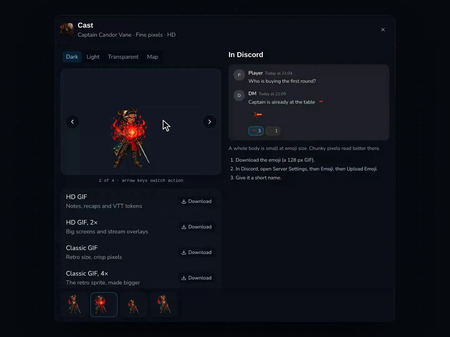 A source-provided demo poster shows the character's Cast move, GIF download choices and a Discord preview.