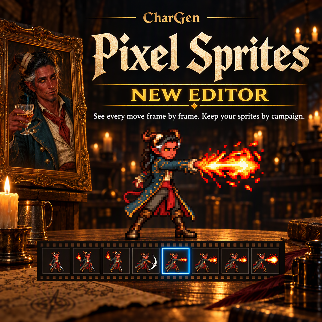 CharGen's Pixel Sprites New Editor announcement graphic with a portrait, a fire-casting pixel character and an illustrated frame strip.