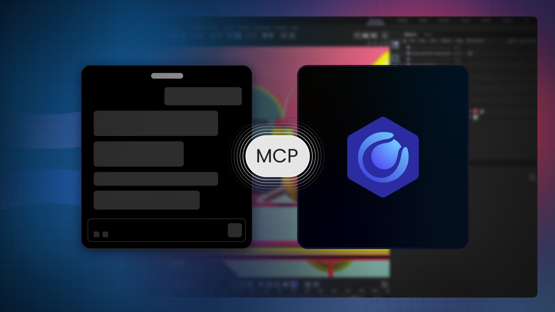 Cinema 4D and an AI chat interface connected through MCP in Maxon’s announcement artwork.