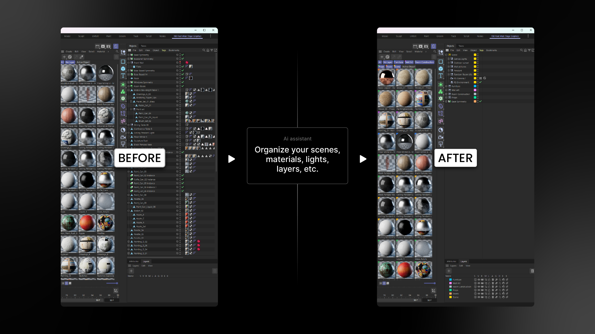 Before and after views of Cinema 4D with objects, materials and layers arranged into groups.