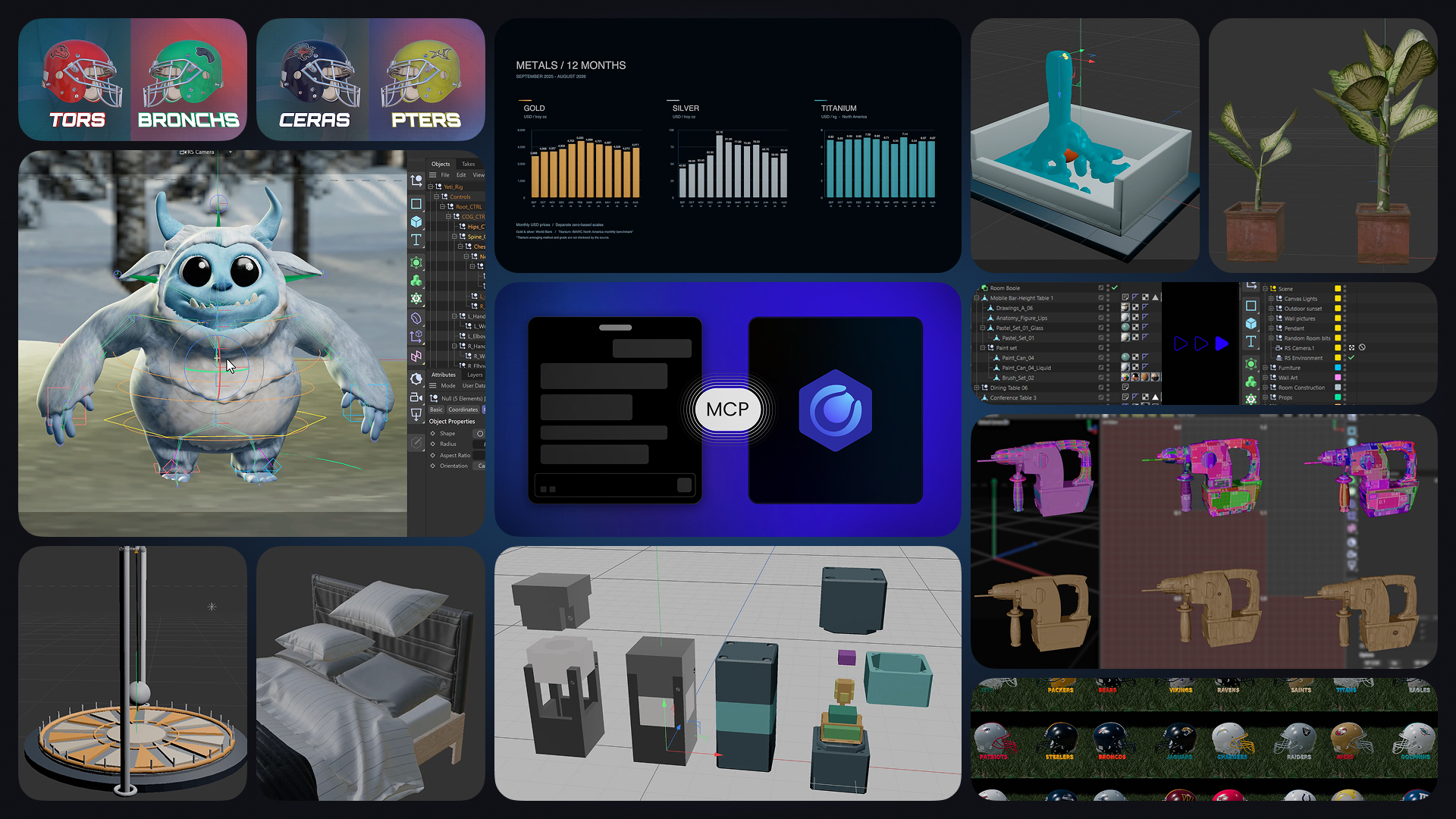 Maxon’s MCP examples include material variants, a character rig, simulations and scene objects.
