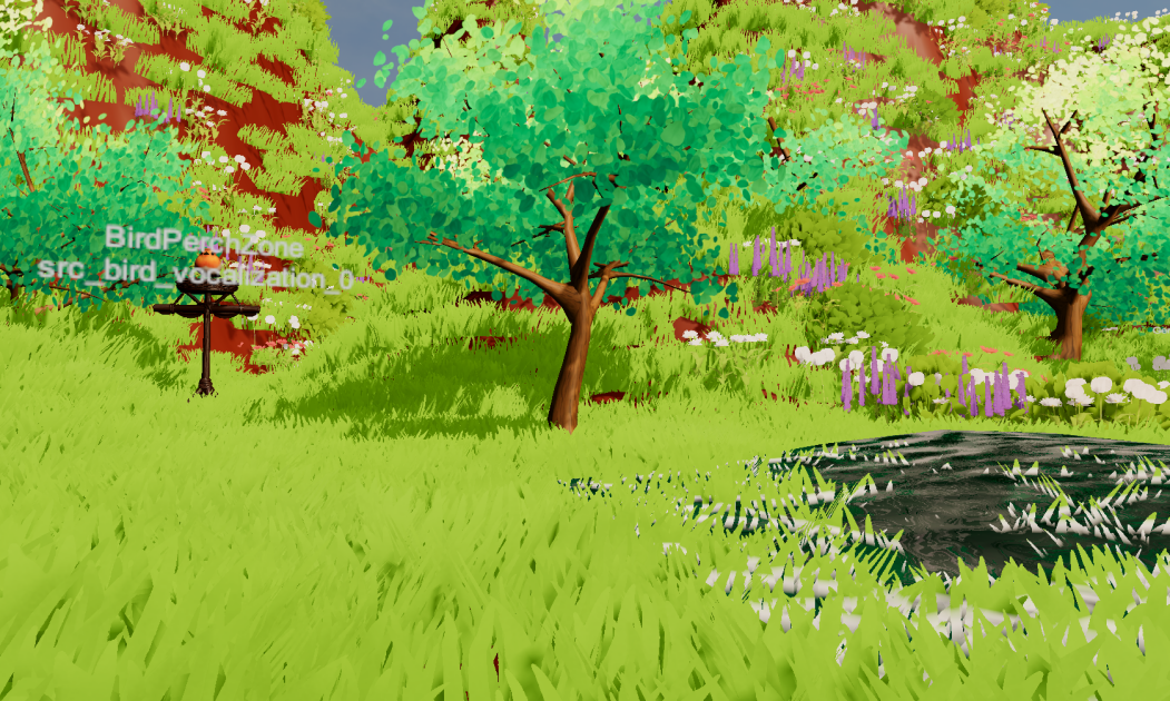 A bright procedural forest scene in Unity contains a pond, trees and an on-screen marker for a detected bird vocalization.