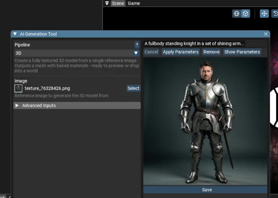EdenSpark AI Generation Tool with a 3D pipeline selector and an armored knight preview.