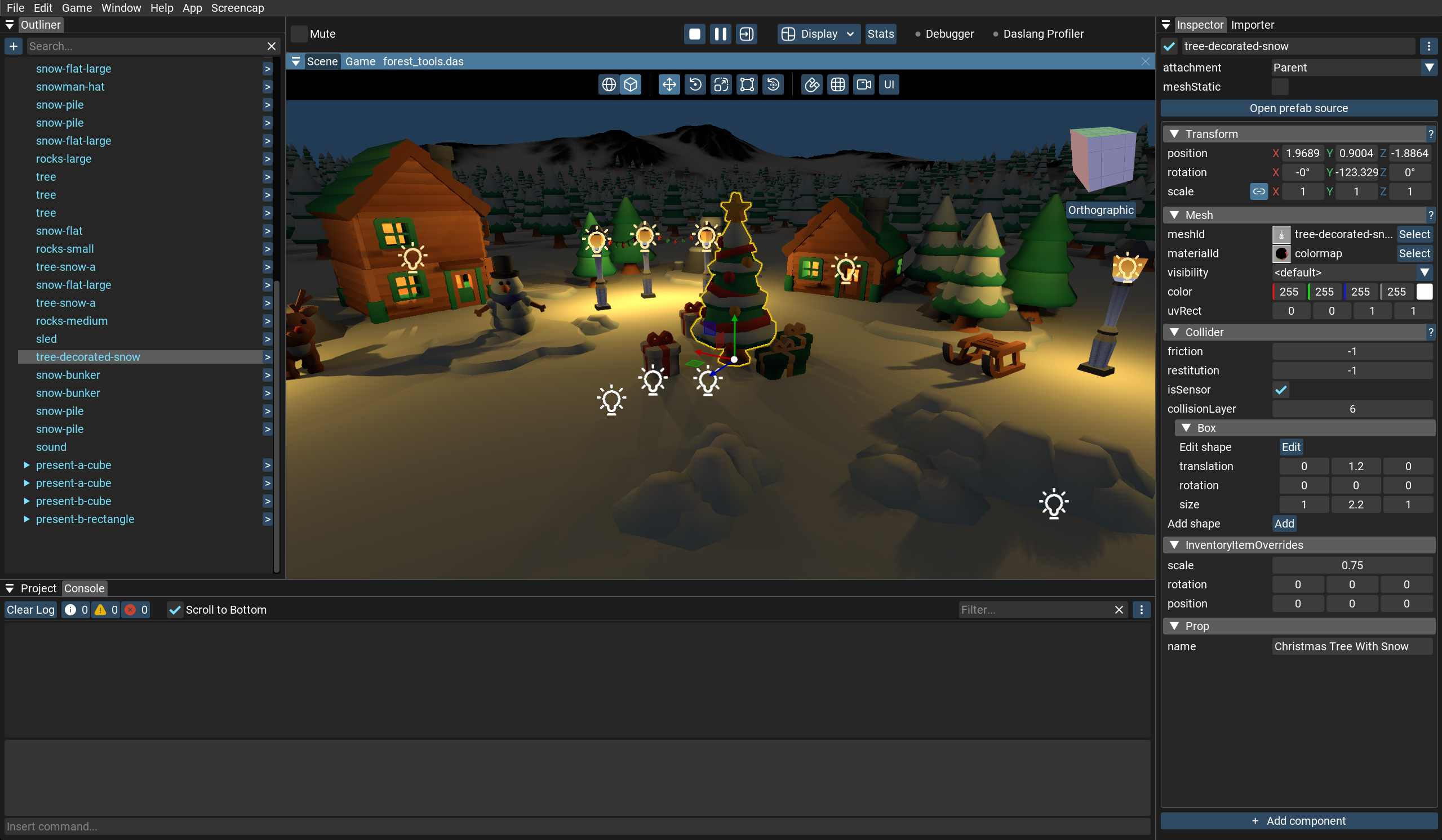 EdenSpark editor showing a snowy village, scene hierarchy and a selected tree in the inspector.