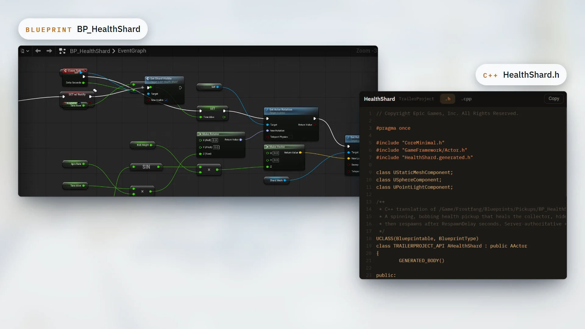 BlueprintsLab’s demonstration poster pairs the BP_HealthShard Blueprint graph with HealthShard.h C++ code.