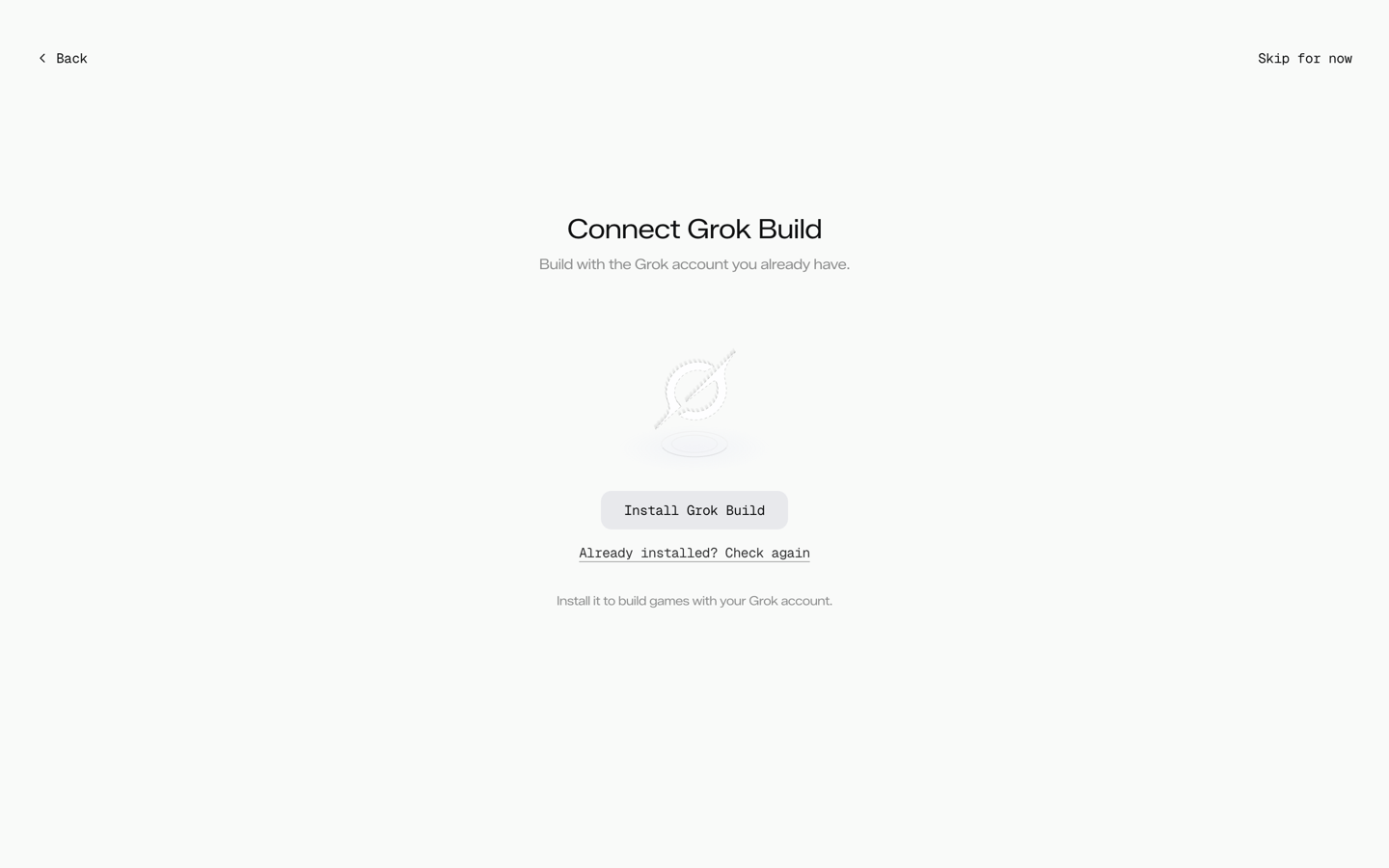 The official Genex development preview shows Connect Grok Build, an Install Grok Build button and Already installed? Check again.