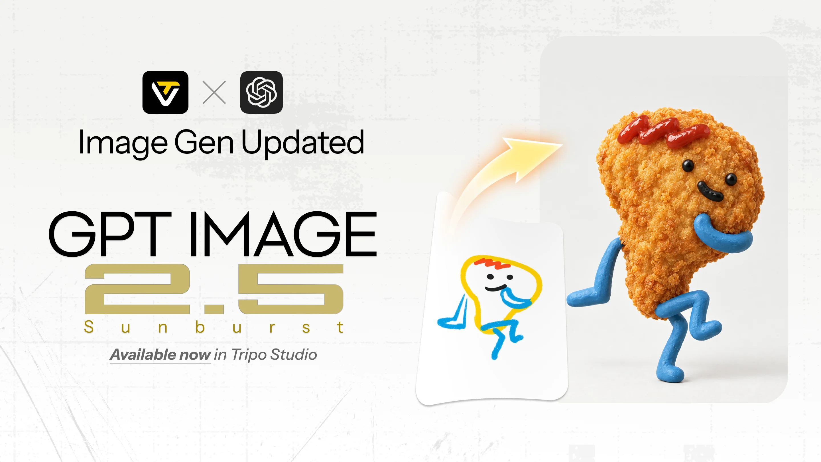 Tripo and OpenAI logos beside a GPT Image 2.5 Sunburst announcement and a generated fried-chicken character.