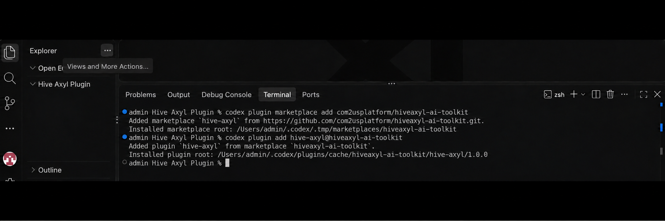 Terminal screenshot in Hive's installation guide showing the marketplace source being added and the Hive Axyl plugin installed.