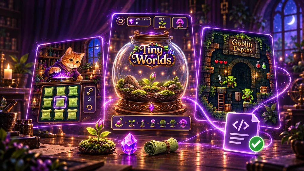 Layer's HTML-export illustration shows a potion puzzle, Tiny Worlds and Goblin Depths alongside a code-file icon.
