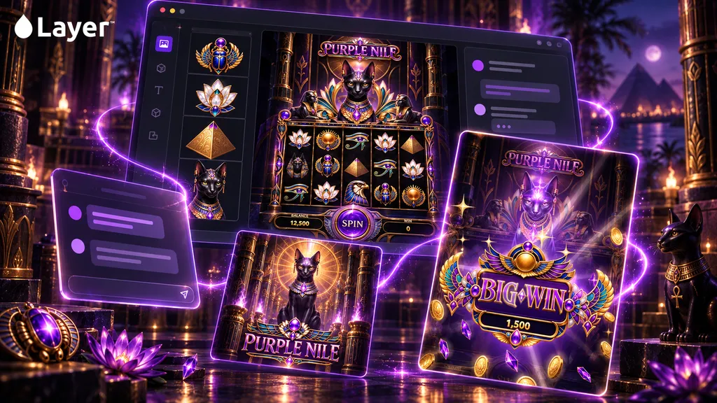 Layer's promotional illustration pairs Purple Nile character and symbol assets with several matching playable-ad screens.