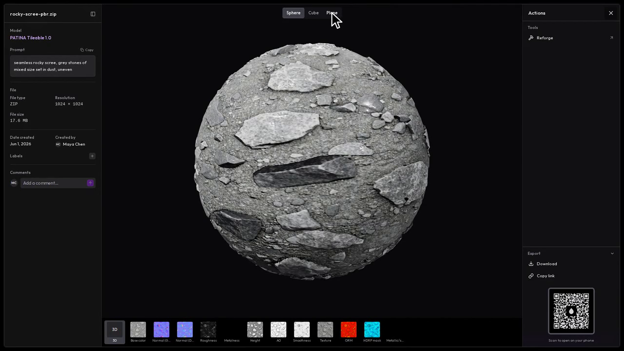 Layer's documentation video shows a rocky PBR material on a sphere, with individual normal, roughness and other maps beneath it.