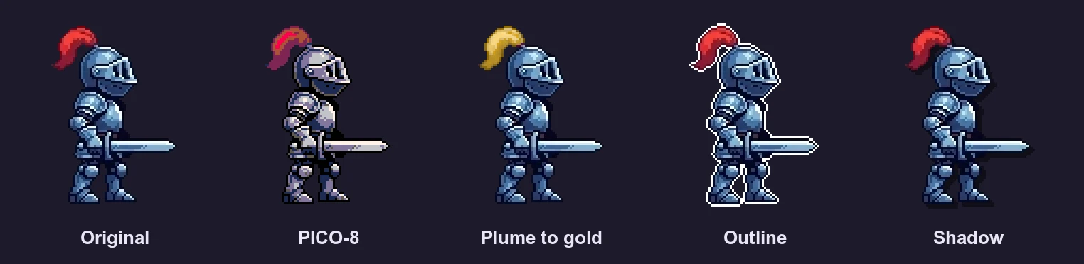 Five versions of a pixel knight show the original, PICO-8 palette, gold plume, white outline and drop shadow.