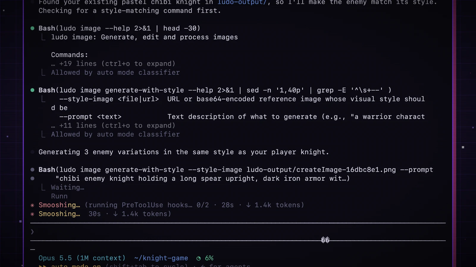 Claude Code reads Ludo command help and starts generating enemy variants using an existing knight image as a style reference.