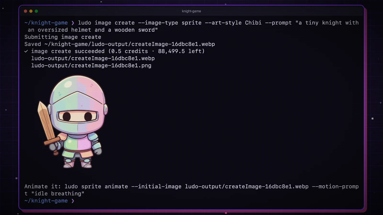 Ludo CLI terminal showing a generated chibi knight sprite, saved file paths and credit usage.