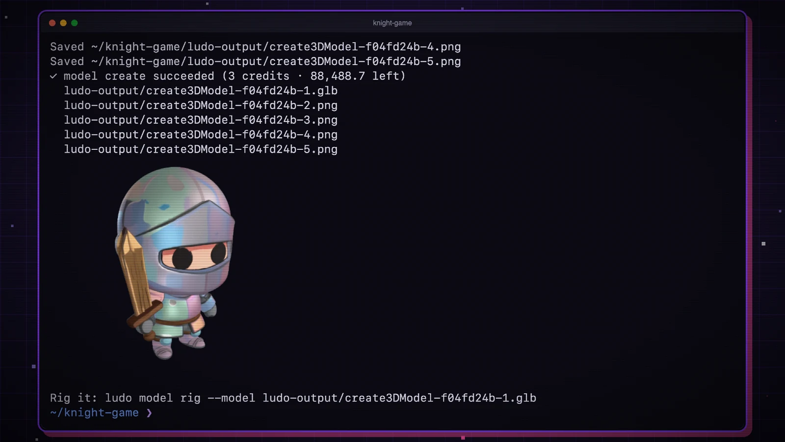 Ludo CLI shows a 3D knight made from the sprite and paths to a saved GLB model and preview images.