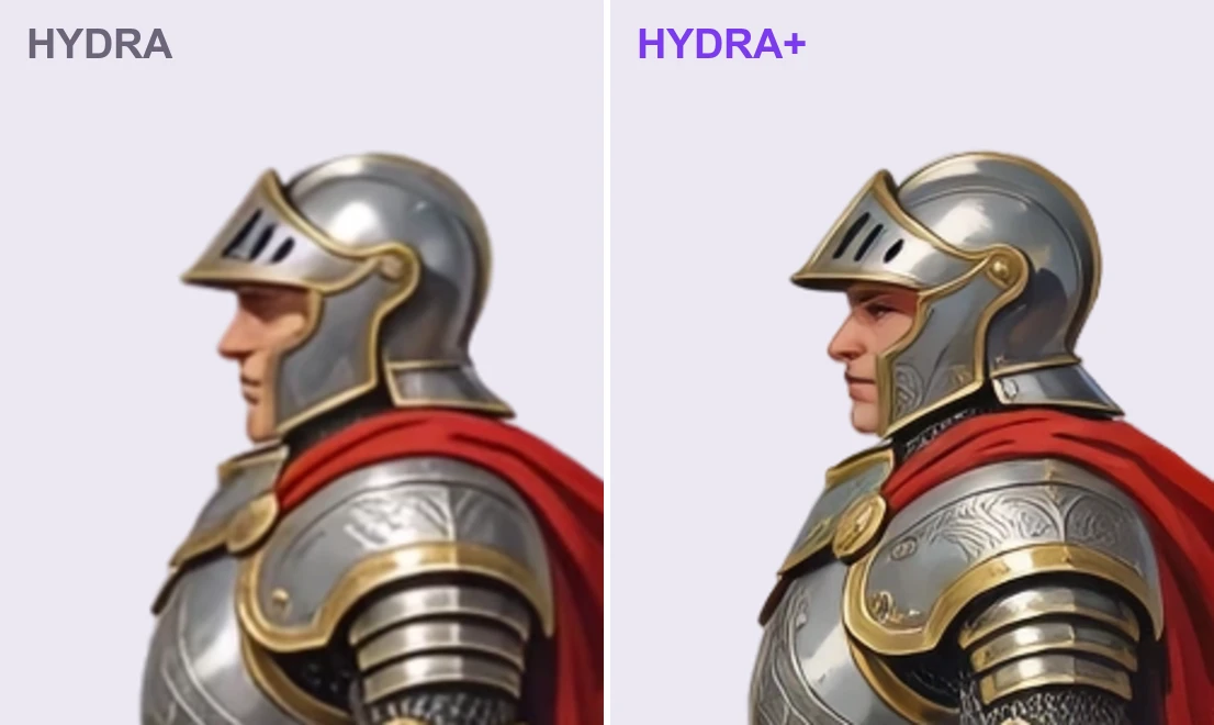 Ludo 对比左侧 Hydra 与右侧 Hydra+ 的骑士面部和盔甲雕纹。