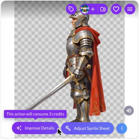 骑士动画卡片上的 Improve Details 按钮,悬停提示显示本次需 3 点数。