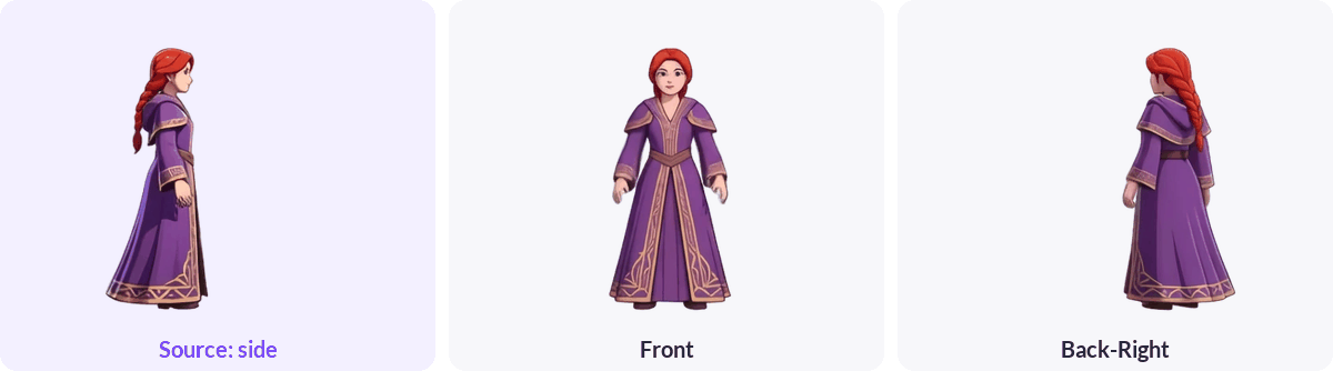 Ludo's mage animation demonstration shown from the source side view, the front and the back-right.