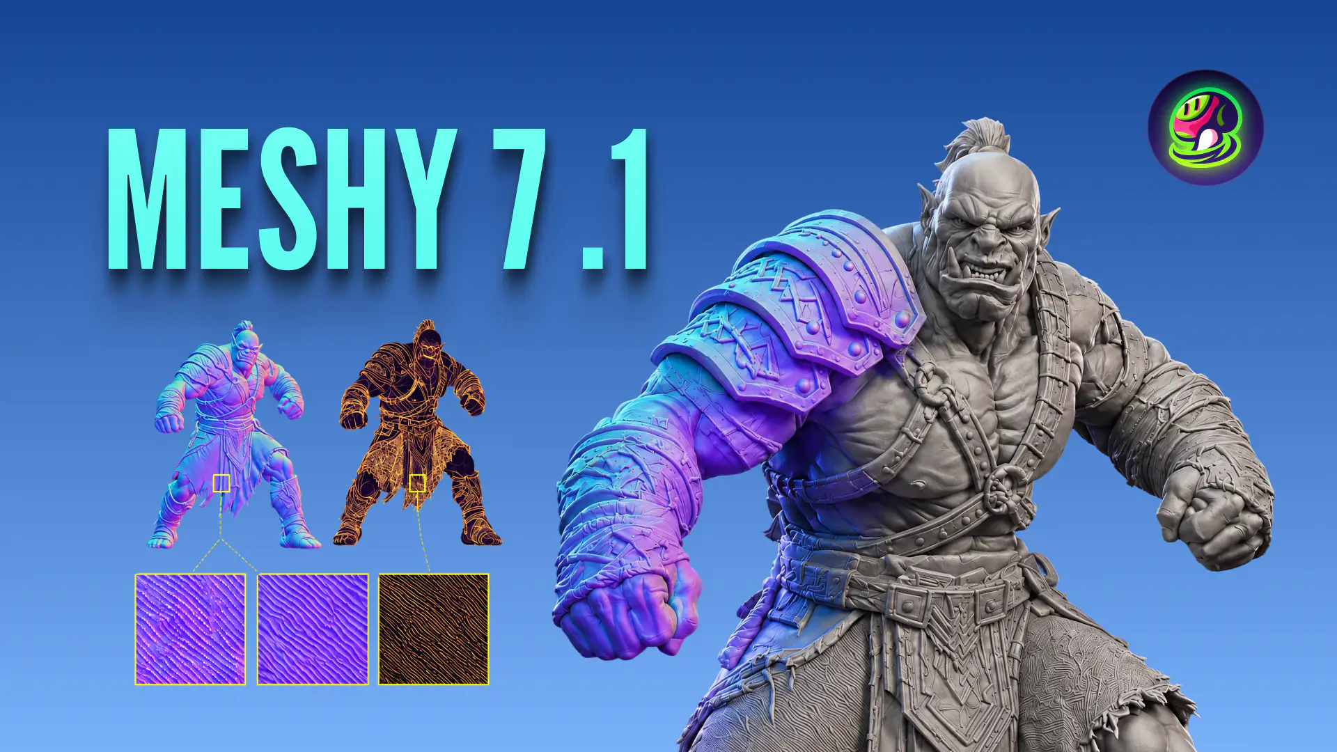 A Meshy 7.1 title graphic appears beside an orc model and enlarged geometric surface details.