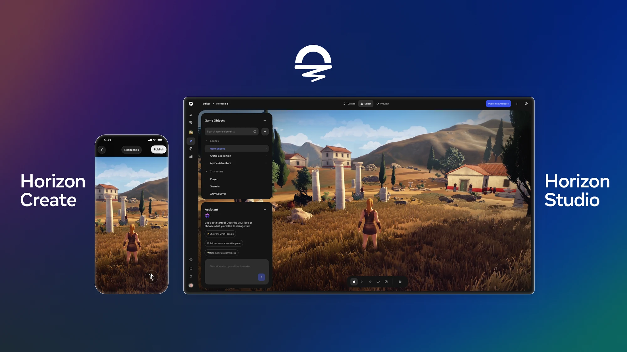 Official Horizon Create phone and Horizon Studio browser interfaces showing the same game scene.