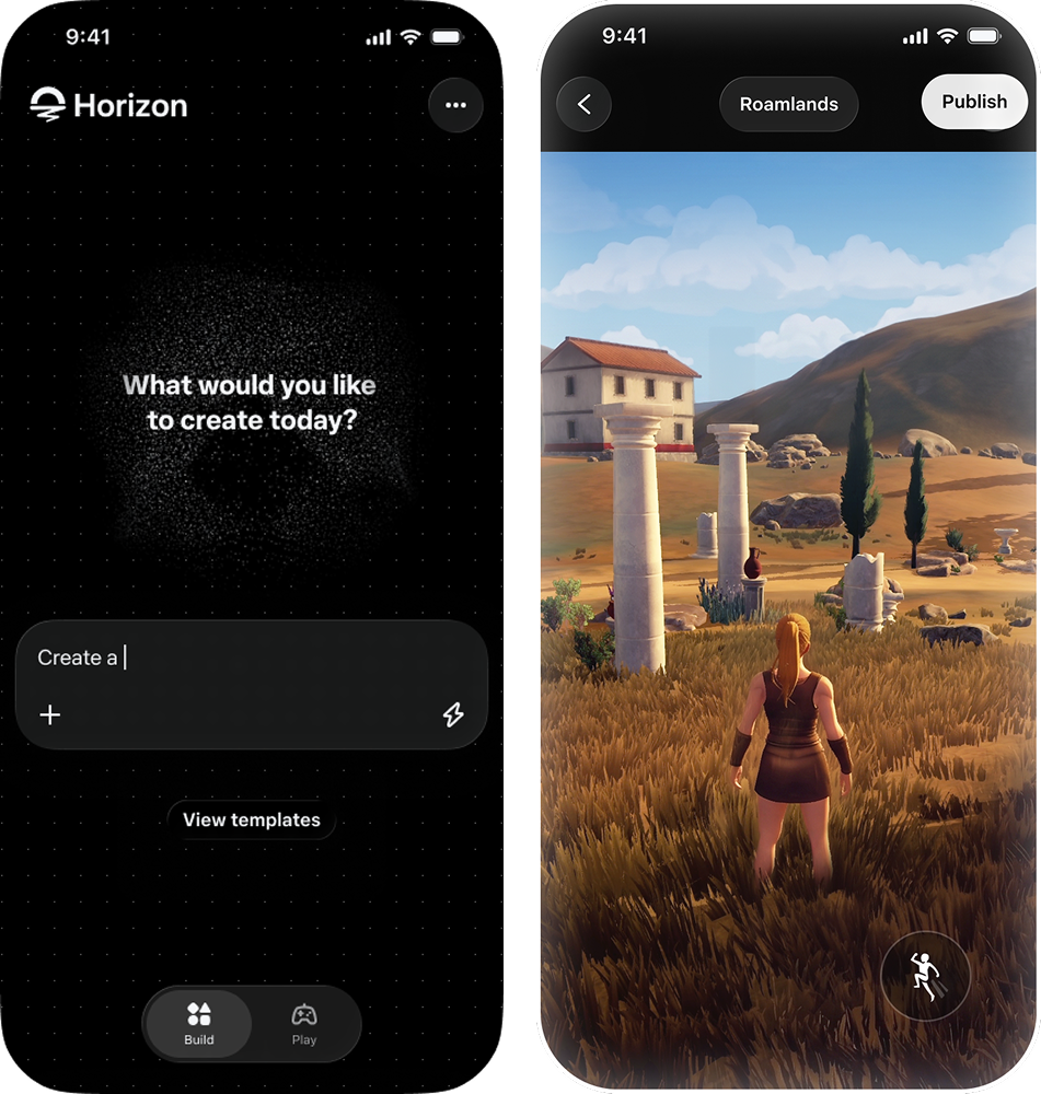 Horizon Create's phone screens for entering a prompt and previewing a 3D game.