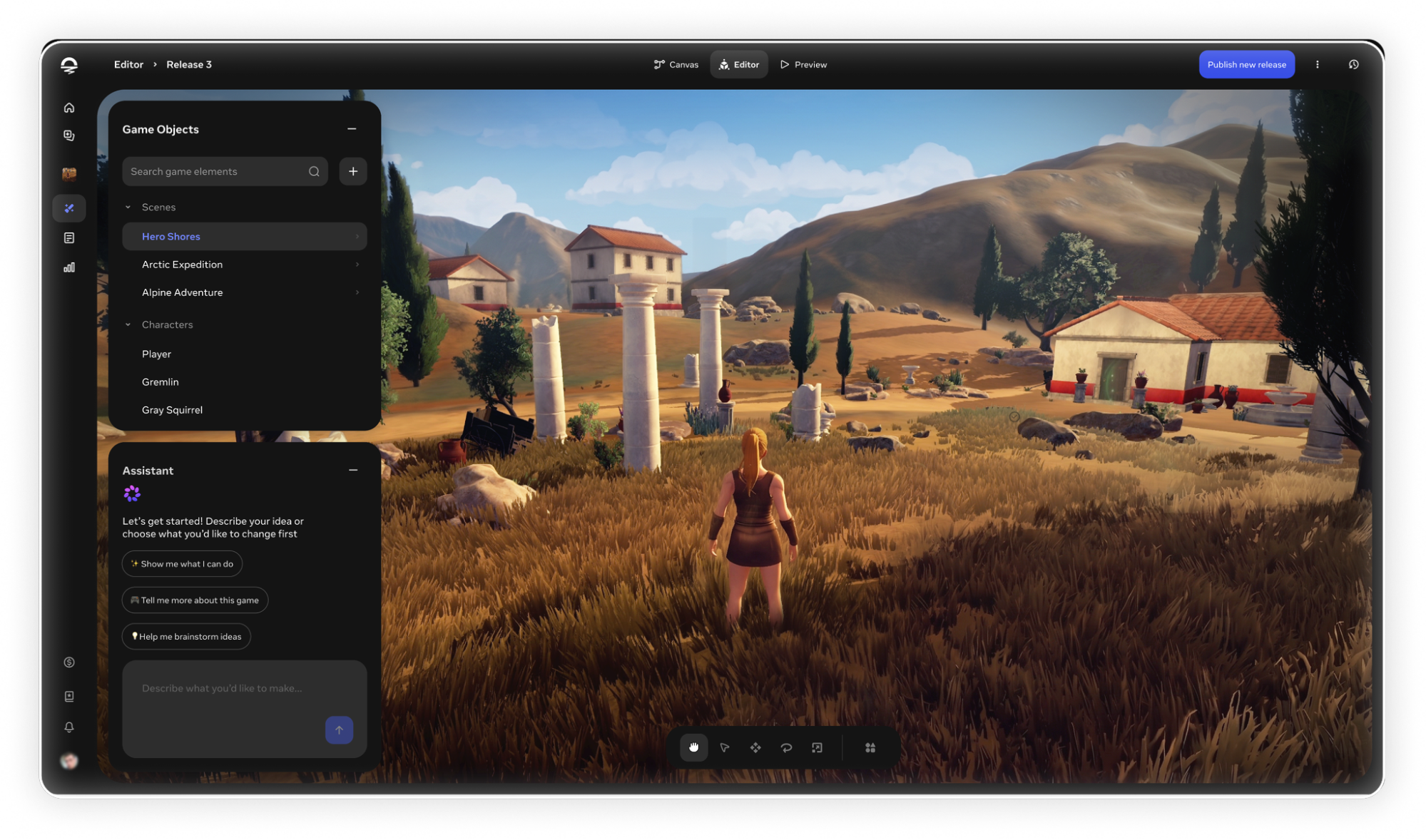 Horizon Studio browser editor showing game objects, an AI assistant and a 3D scene.