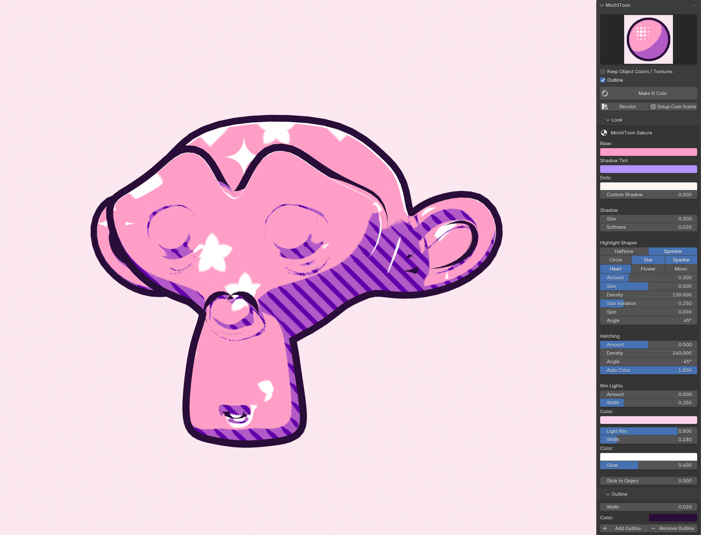 The Blender MochiToon panel beside a pink Suzanne render includes Keep Object Colors / Textures, palette, shapes, hatching, rim and outline controls.