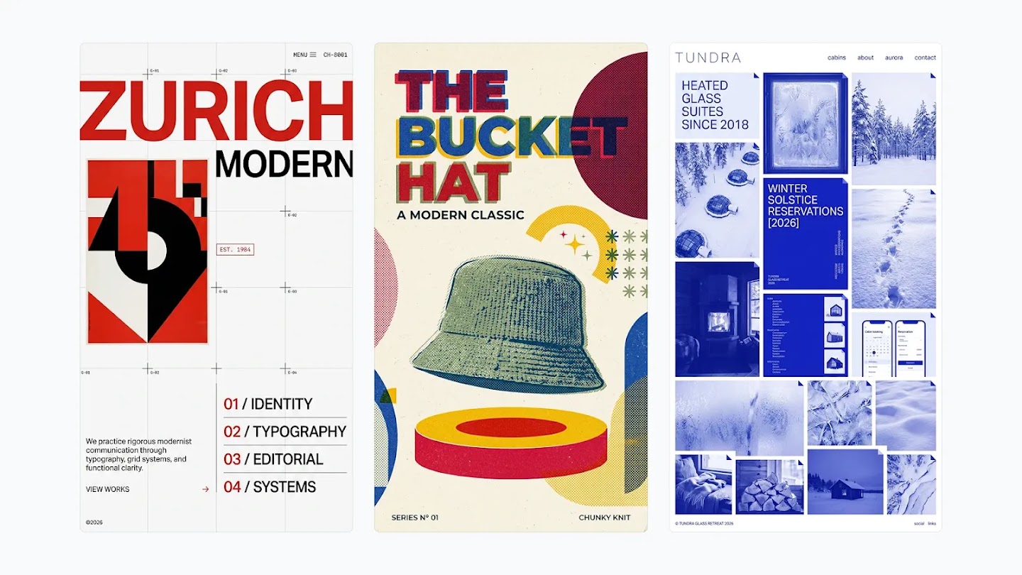 Three Nano Banana 2.1 design samples: a Zurich Modern website, a bucket-hat poster and a blue Tundra website mockup.
