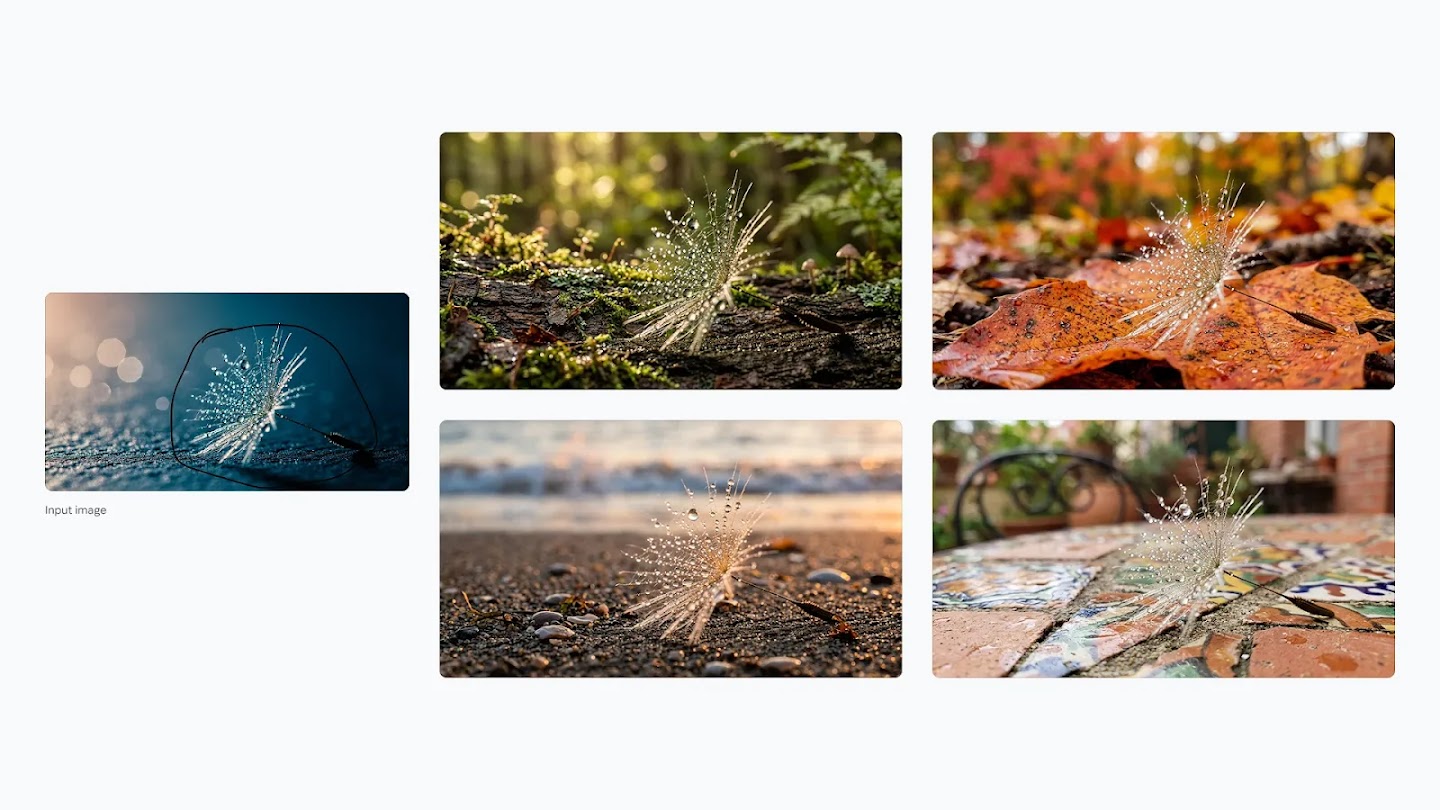 An outlined dandelion seed in the input image and four results placing it on a mossy log, an autumn leaf, a beach and a tiled table.