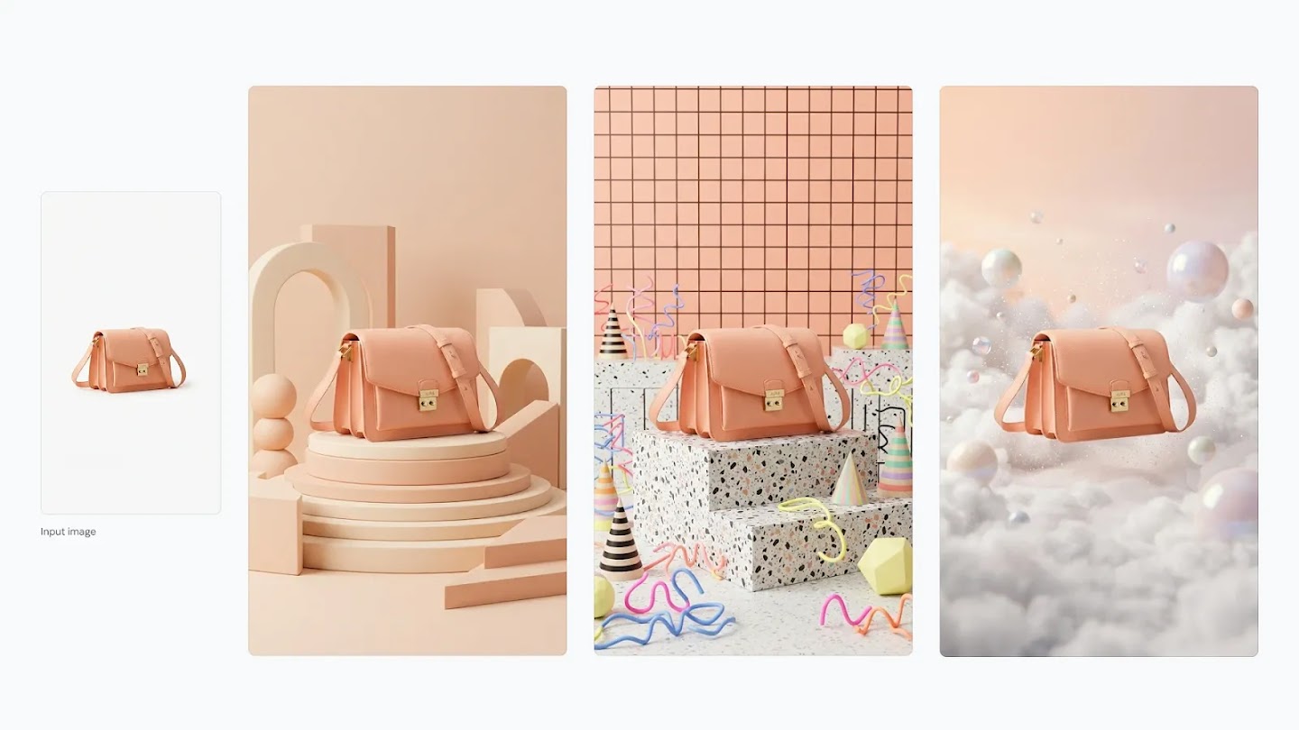 An input peach shoulder bag and three variations in a geometric studio, a terrazzo setting and a cloud scene.