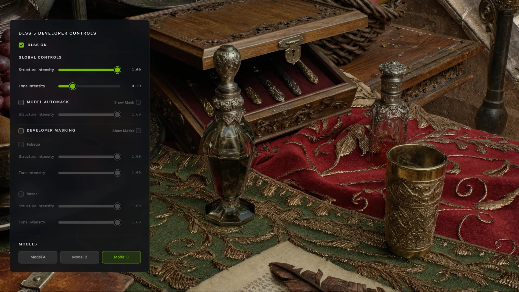 DLSS 5 developer controls over a still-life scene with bottles and fabric.