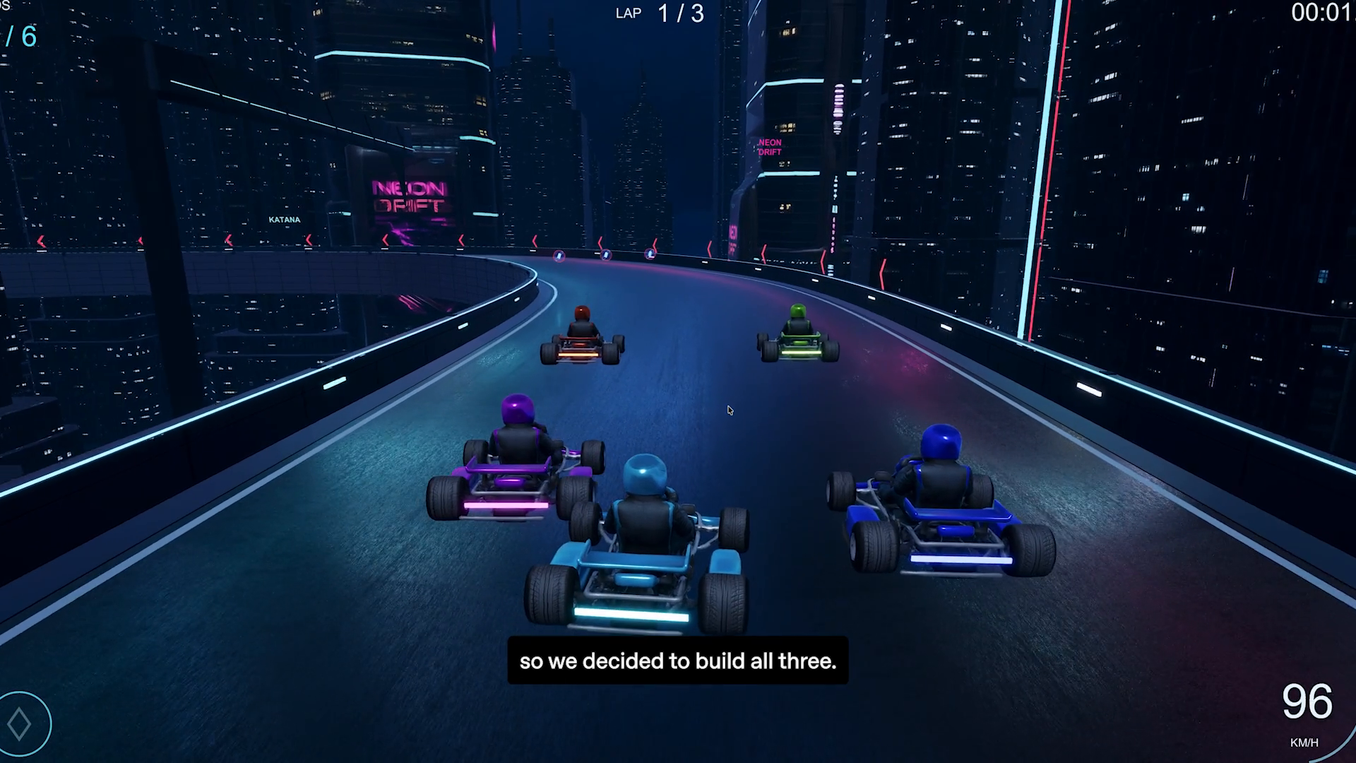 A neon cyberpunk kart-racing prototype with six vehicles driving through a city at night.