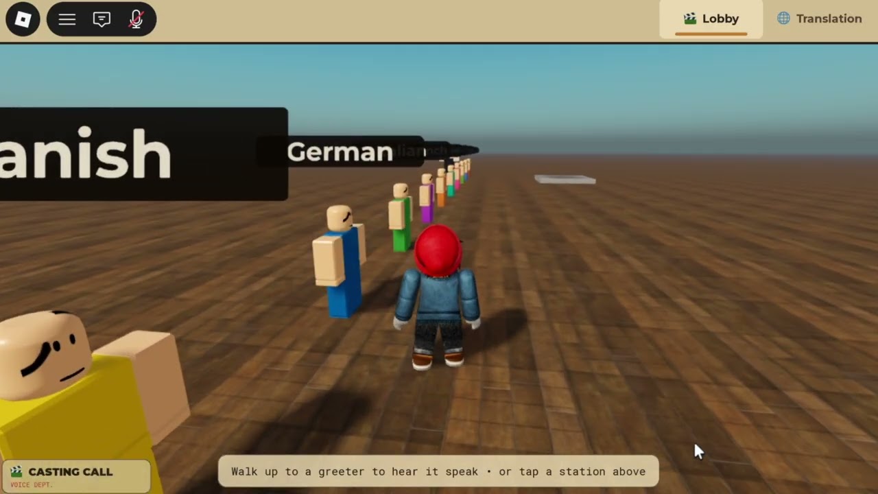 Roblox 官方自动语音翻译演示中，玩家站在标有不同语言的角色旁边。