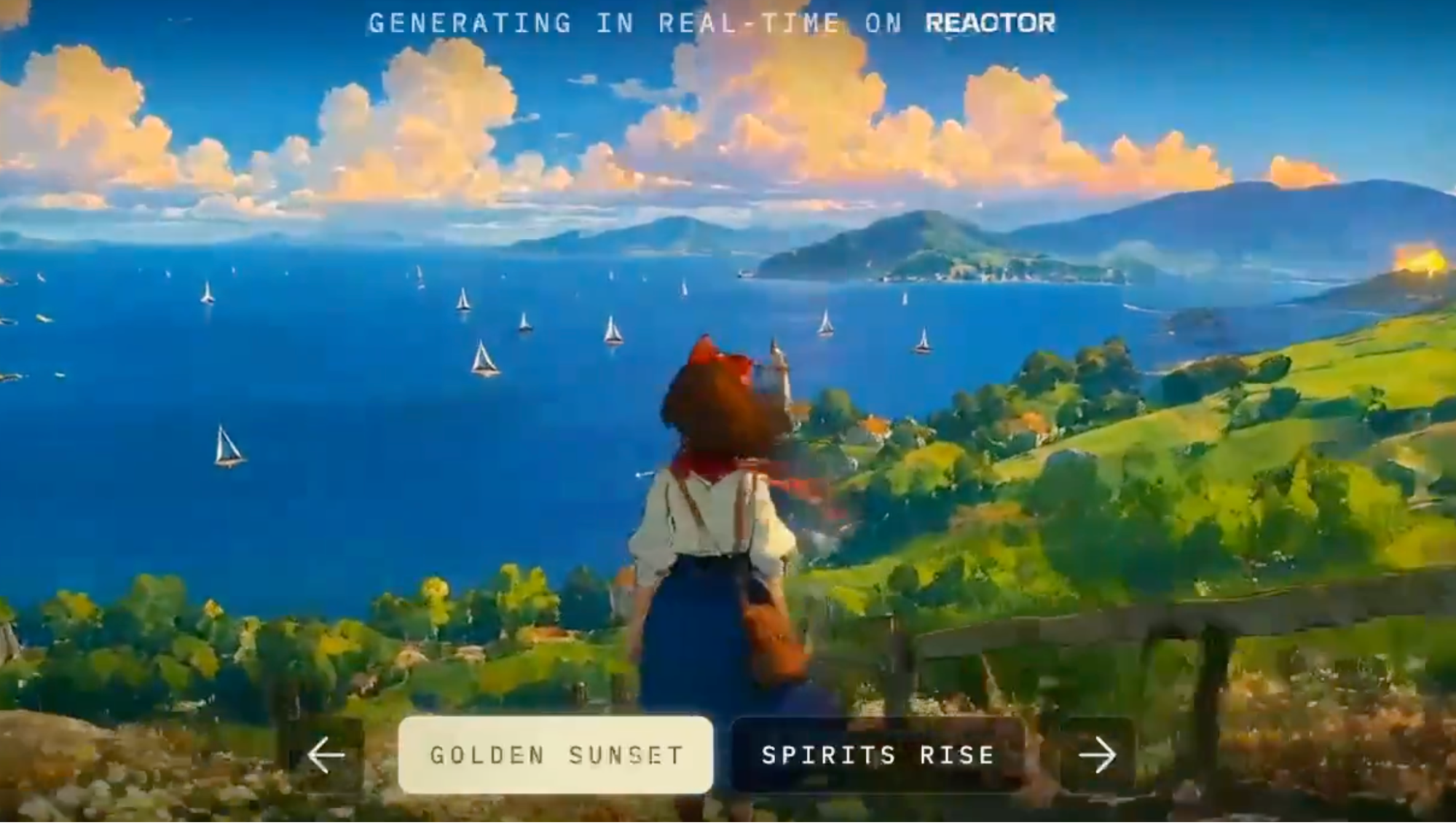 A character on a green hillside overlooks a blue bay beneath orange clouds in the Rosebud–Reactor demo.