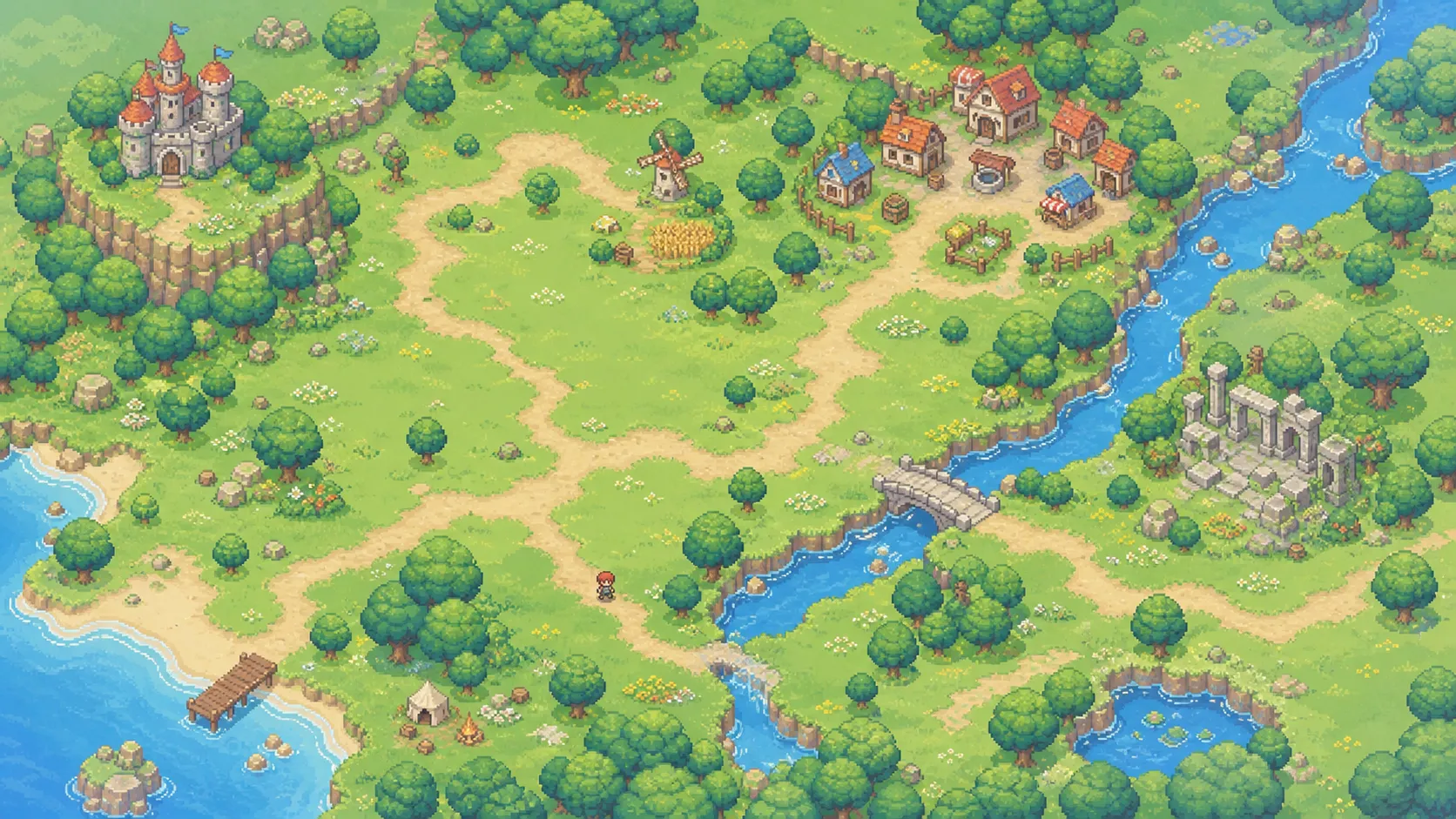 RPGJS Studio product showcase map with a village, river, paths and ruins.
