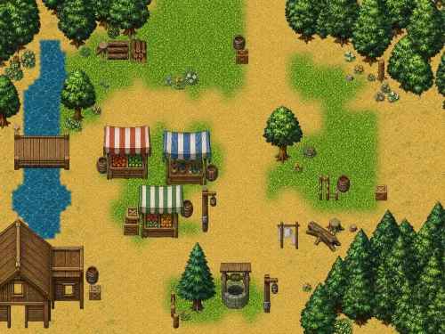 RPGJS Studio product example of a forest village map with market stalls, a bridge and trees.