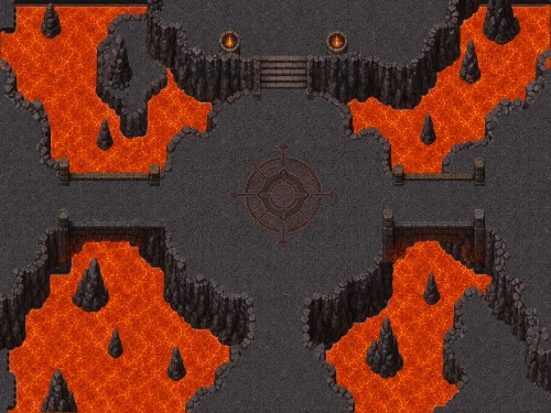 RPGJS Studio product example of a top-down combat platform surrounded by lava and connected walkways.